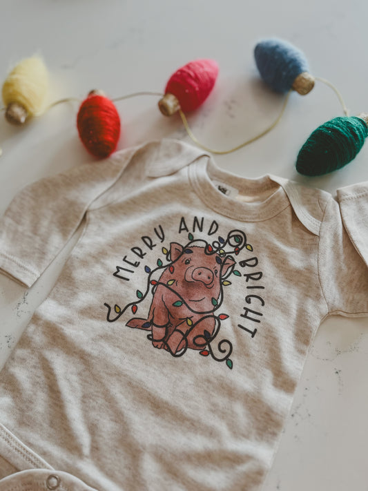 "Merry & Bright" Pig Longsleeve Body Suit