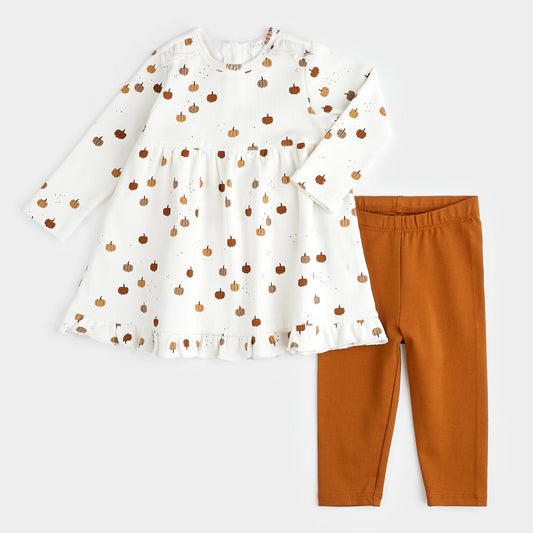 Pumpkin Print Modal Rib Dress Set - Petit Lem