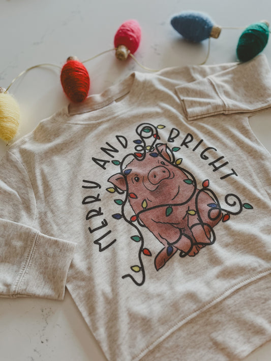 "Merry & Bright" Pig Long Sleeve tee